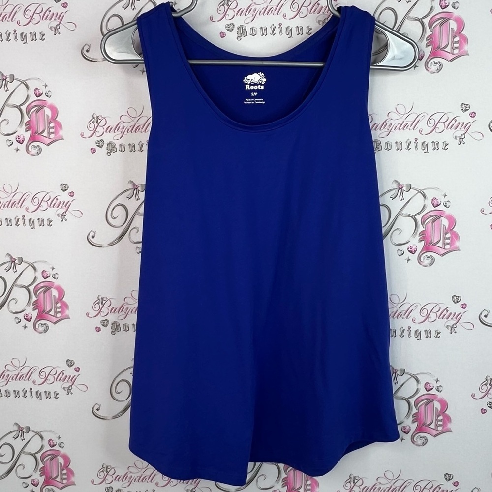 Roots tank top royal Blue Sleeveless Top flowy logo on back racer back